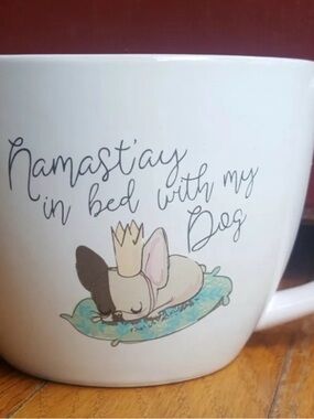 Pale Pink 'Namast'ay in Bed With My Dog' Ceramic Mug, Bulldog Mama inside